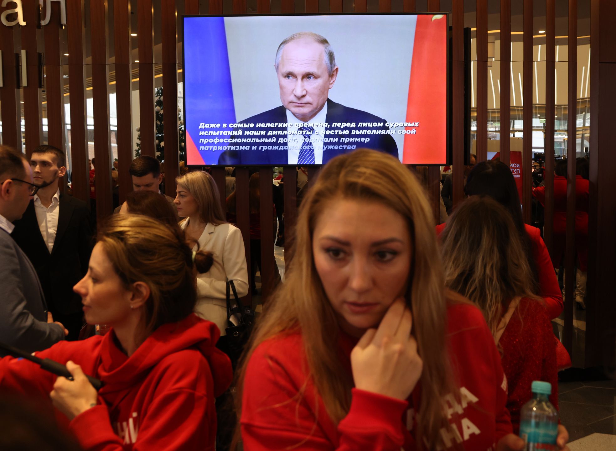Putin's Supporters Hosts Re-Electon Bid Rally At Zaryadye Concert HallMOSCOW, RUSSIA - DECEMBER 16 (RUSSIA OUT) Russian President Vladimir Putin seen on the screen during the meeting of his supporters on December 16, 2023 in Moscow, Russia. The sign reads: "Putin's Team. The meeting of voters". Hundreds local celebrities took part in the meeting at the Zaryadye Concert Hall, hosted by Kremlin-backed People's Front, to nominate Vladimir Putin for the March 2024 elections. (Photo by Contributor/Getty Images)Contributor