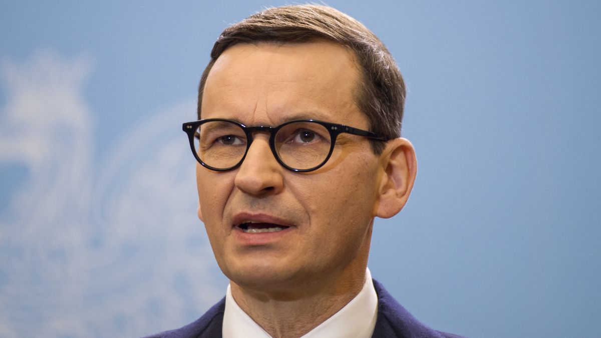 WARSAW, POLAND - 2021/12/12: Prime Minister Mateusz Morawiecki seen speaking during a press conference.Four days after taking office, German Chancellor Olaf Scholz paid an inaugural visit to neighboring Poland on Sunday 12th of December. Olaf Scholz was welcomed by Polish Prime Minister Mateusz Morawiecki. After political talks, Olaf Scholz and Mateusz Morawiecki attended a press conference at the Prime Minister's Chancellery. (Photo by Attila Husejnow/SOPA Images/LightRocket via Getty Images)
