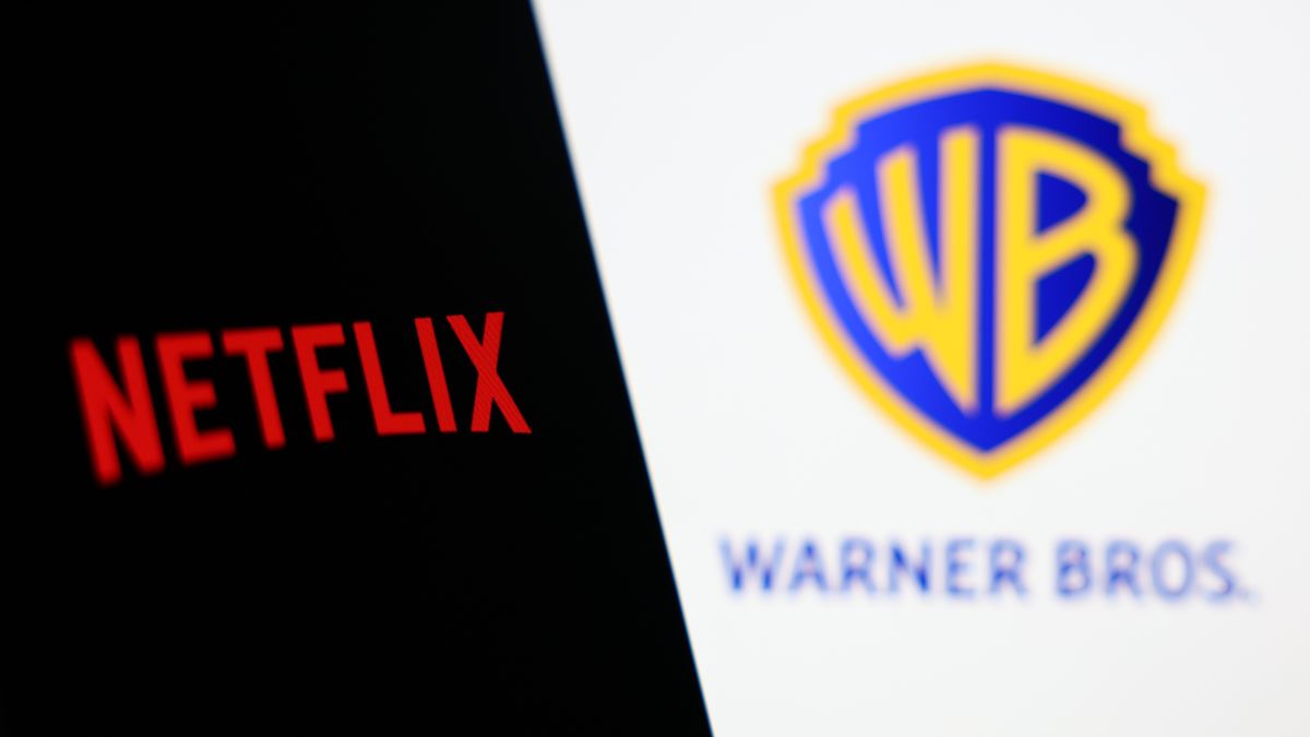 Netflix logo displayed on a phone screen and Warner Bros logo displayed on a laptop screen are seen in this illustration photo taken in Krakow, Poland on January 26, 2026. (Photo by Jakub Porzycki/NurPhoto via Getty Images)