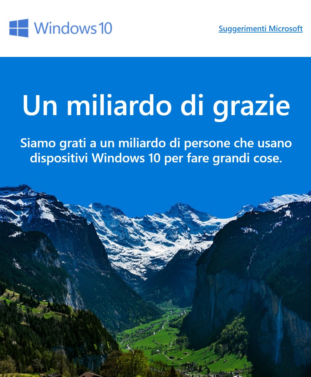Informacja o miliardzie instalacji z włoskiej strony o Windows 10.