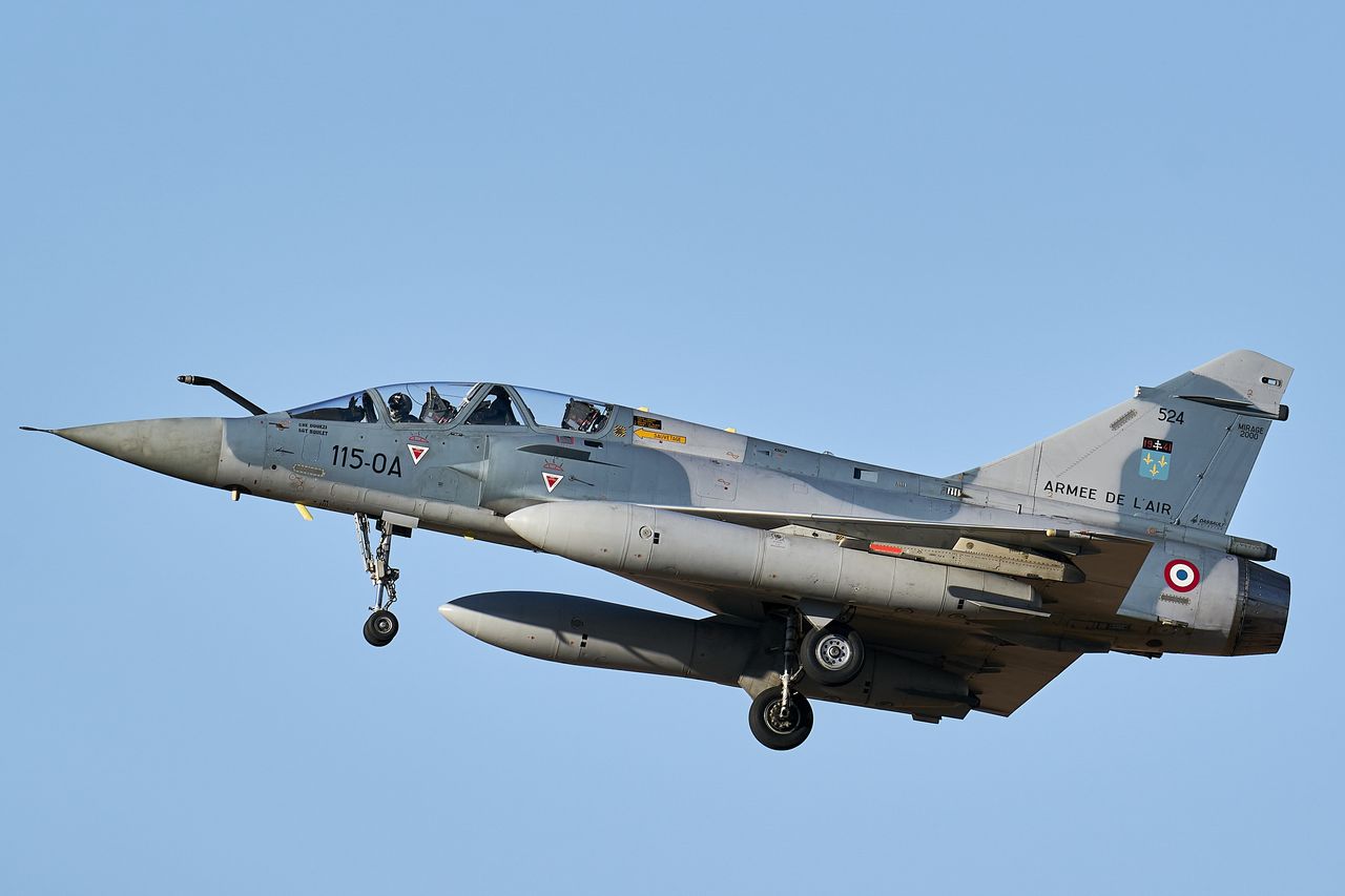 ALBACETE, CASTILLA-LA MANCHA, SPAIN - FEBRUARY 22: A French Mirage 2000 aircraft performs combat air maneuvers in the vicinity of the Los Llanos air base on February 22, 2022, in Albacete, Castilla-La Mancha, Spain. The maneuvers are conducted during one of the NATO Tactical Leadership Program (TLP) courses, better known as NATO Pilot School. Currently, the TLP organization is made up of ten NATO countries: Belgium, Denmark, France, Germany, Greece, Holland, England, Italy, Spain and the United States, although other nations also participate by contracting their assistance. The pilots take advantage of these practices to prepare themselves for a possible war in Ukraine. (Photo By A. Perez Meca/Europa Press via Getty Images)