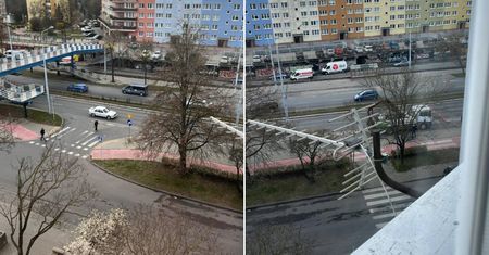 Ciężarówka z HDS-em zahaczyła o kładkę. Kierowca pozbierał uszkodzone elementy i odjechał