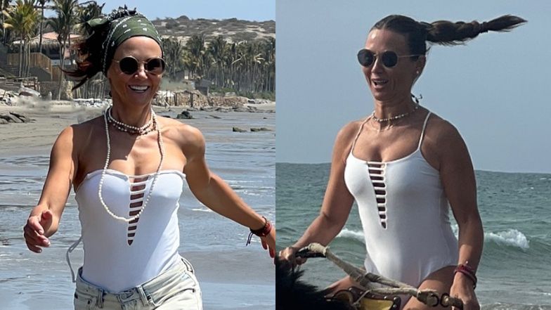 Kinga Rusin galopuje na koniu po plaży 