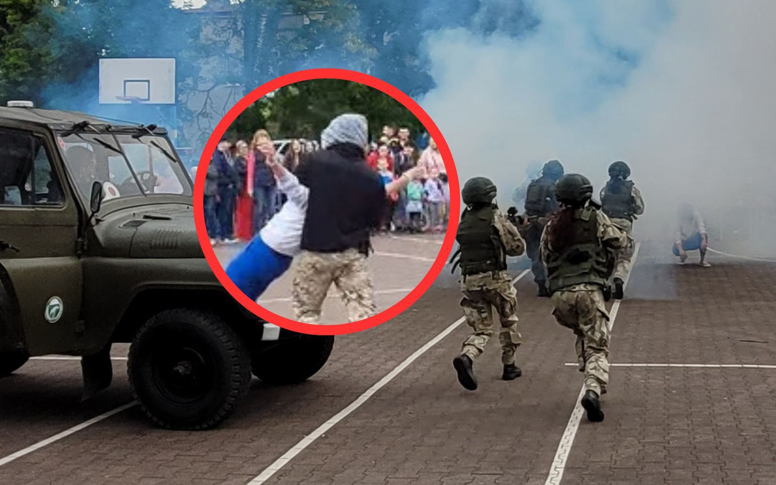 Arab porywający kobietę. Burza po rekonstrukcji w szkole