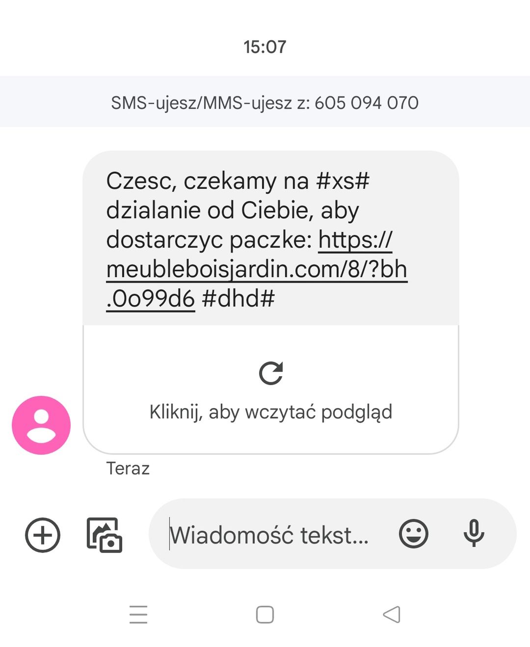 Fałszywy SMS o zamówieniu lub paczce