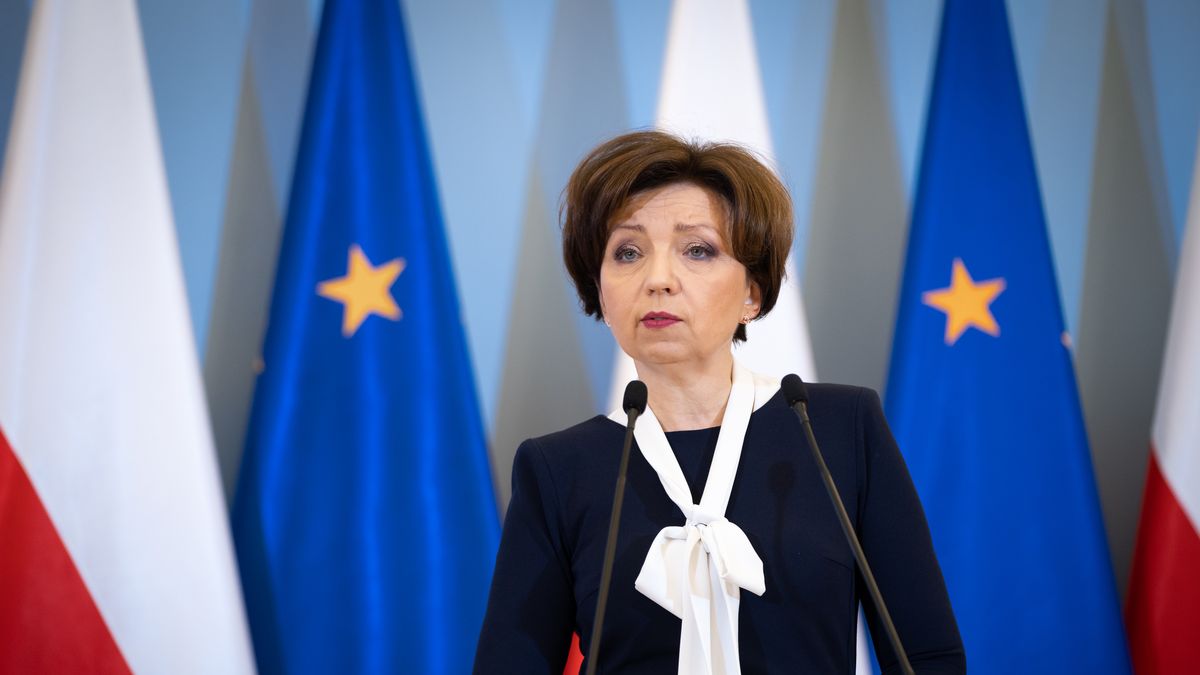 Minister of Family, Labour and Social Policy Marlena Malag, during a press conference on the increase in pensions, in Warsaw, Poland on 11 February 2022 (Photo by Mateusz Wlodarczyk/NurPhoto via Getty Images)