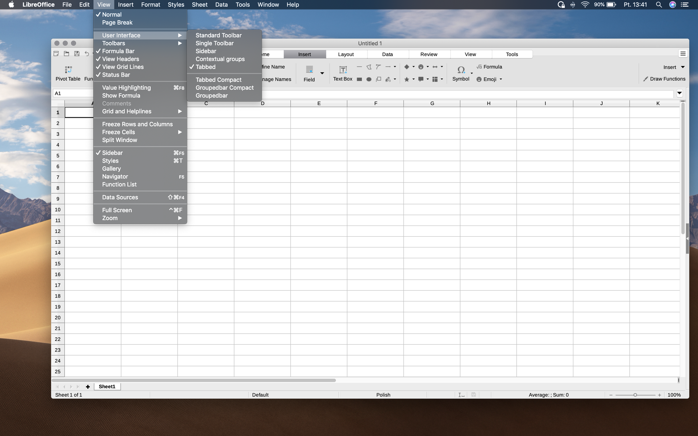 menu zmiany interfejsu, macOS