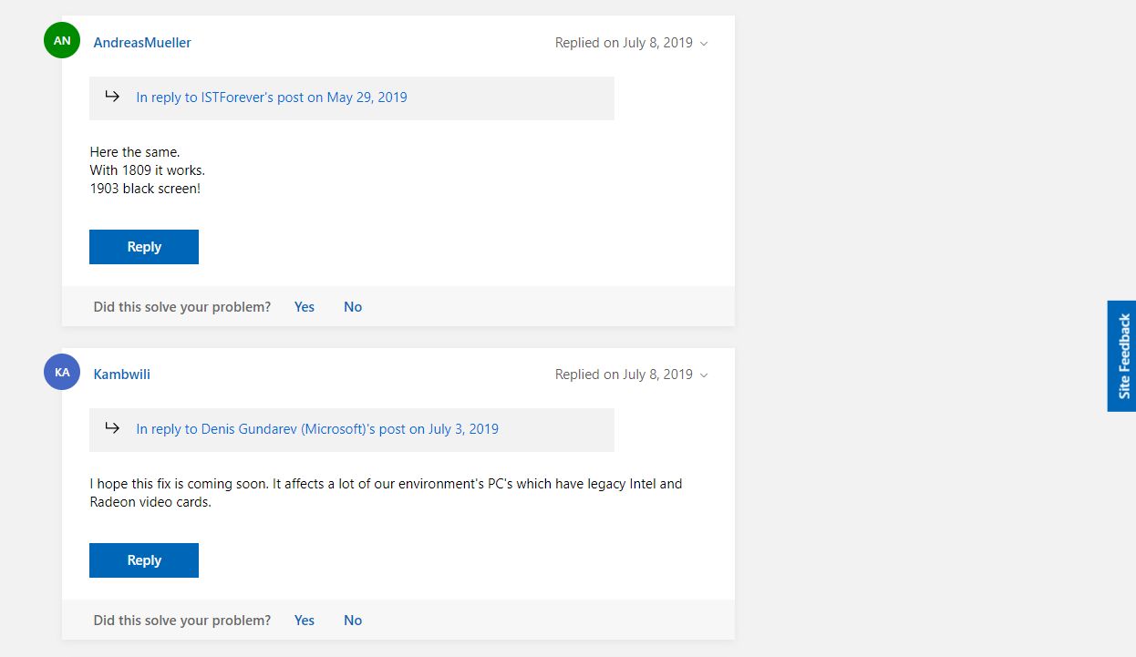 Jedne z najnowszych wypowiedzi użytkowników są potwierdzeniem, że problem nadal występuje, źródło: Microsoft.