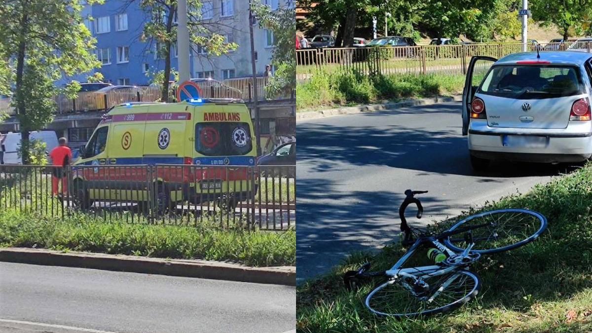 Rowerzysta wjechał w bok volkswagena na przejściu dla pieszych