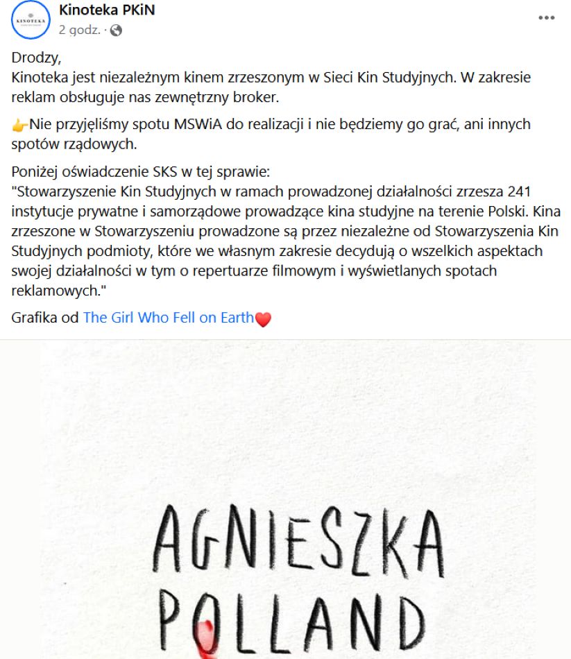 Oświadczenie SKS i Kinoteki w mediach społecznościowych