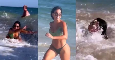 Georgina Rodriguez ryzykownie zabawia się w wodach oceanu. Fala kompletnie JĄ ZMIOTŁA (WIDEO)