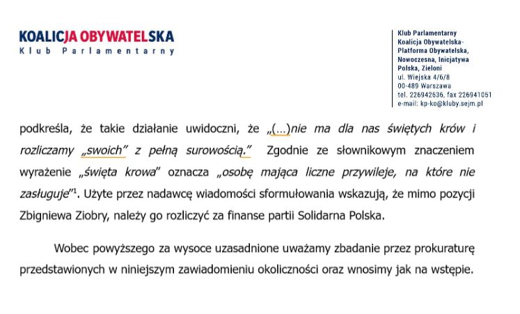 Zawiadomienie PO do prokuratury ws. maila premiera dotyczącym Zbigniewa Ziobry.