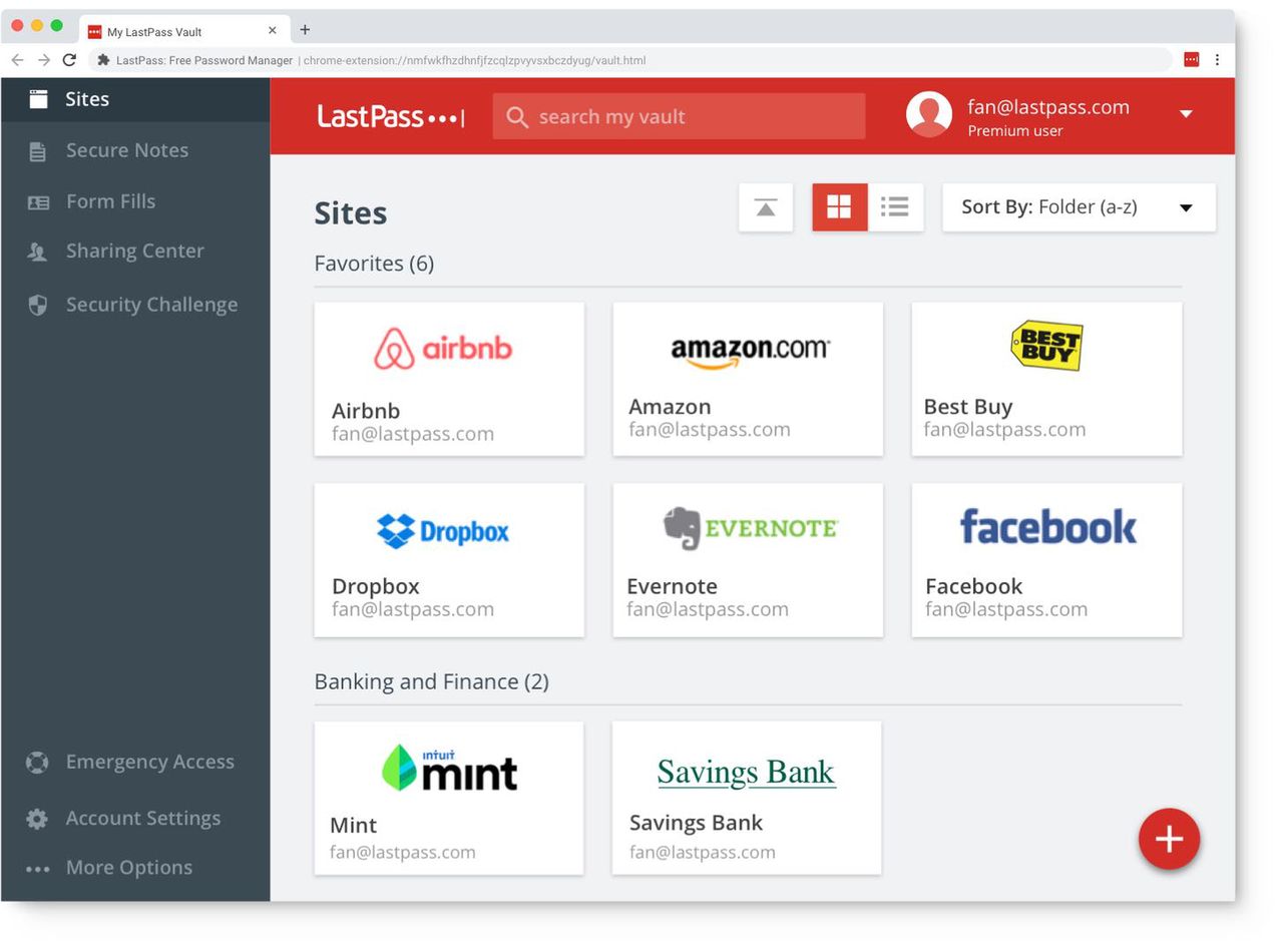 Przykładowa lista haseł LastPass widoczna w przeglądarce