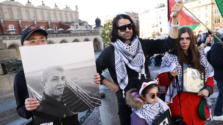 KRAKOW, POLAND - APRIL 05: People take part in pro-Palestinian protest after the death of Damian Sobol, an aid worker for World Central Kitchen who was killed in Gaza by an Israeli airstrike in Krakow, Poland on April 05, 2024. (Photo by Jakub Porzycki/Anadolu via Getty Images)