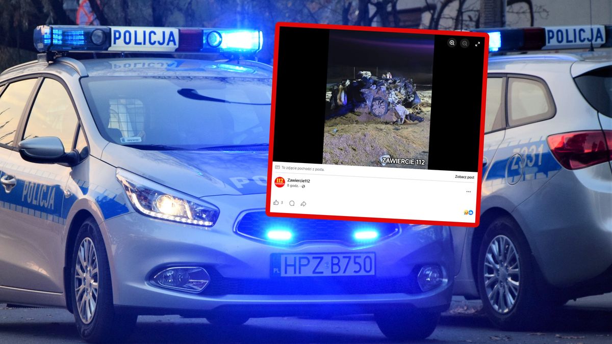 Tragedia w Porębie. Samochód zmiażdżony i spalony.