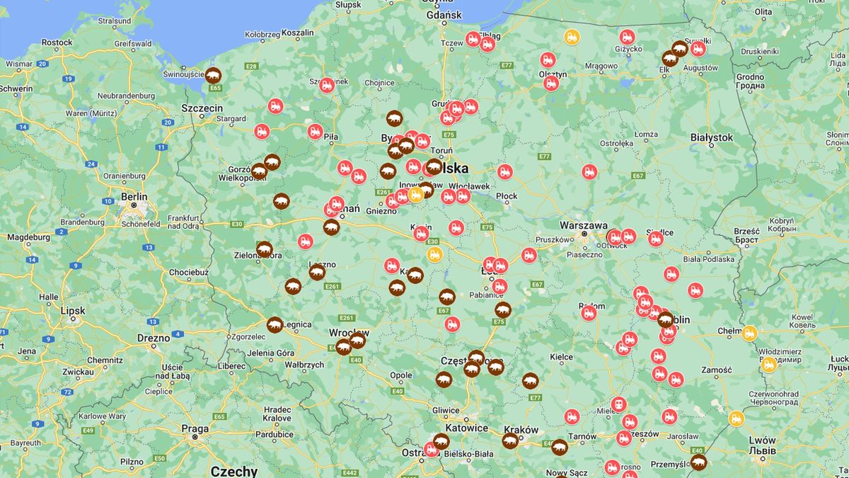 Mapa z punktami, w których odbędą się protesty rolników 20 lutego