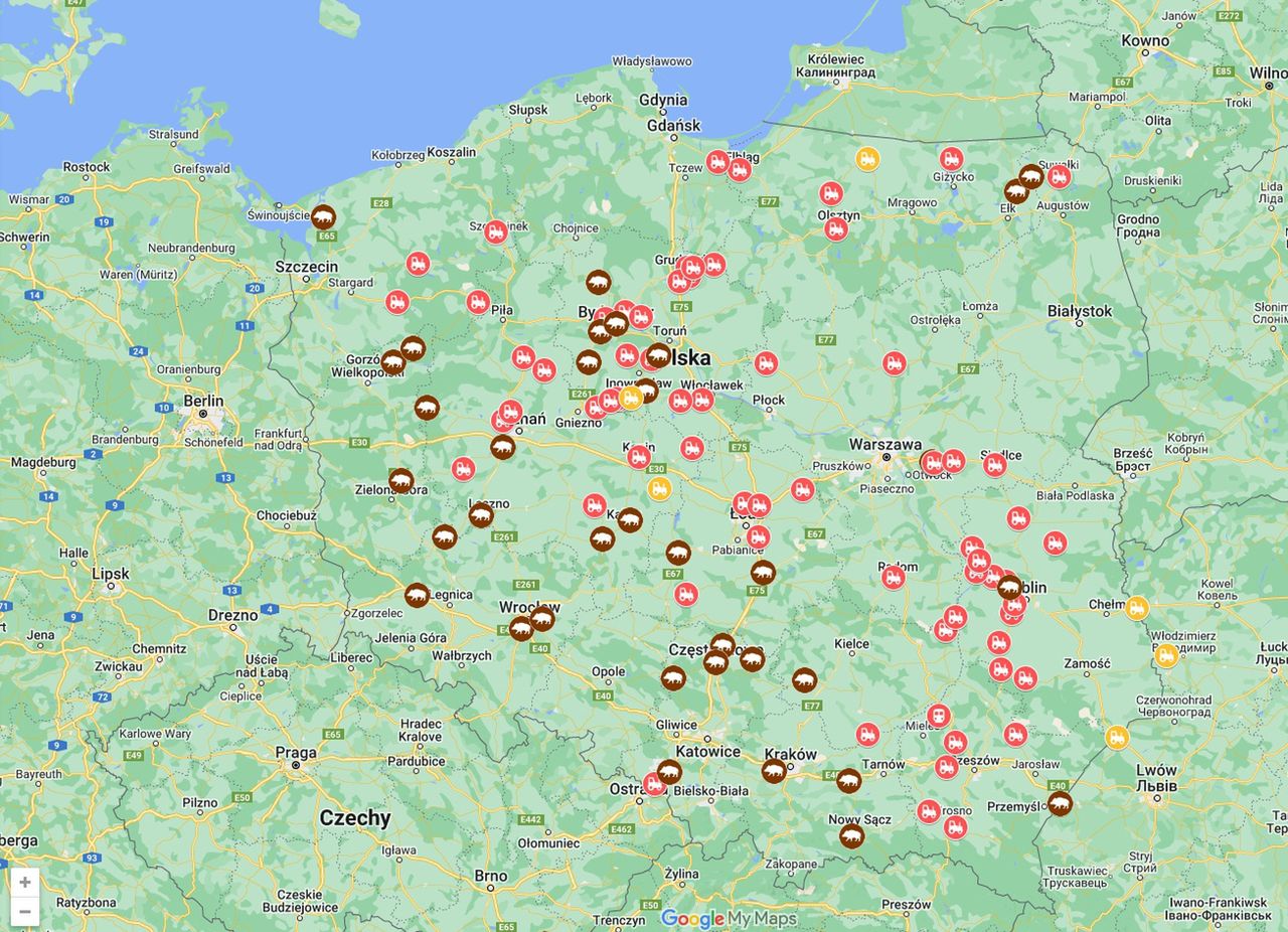 Mapa z punktami, w których odbędą się protesty rolników 20 lutego