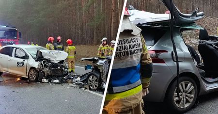 Groźny wypadek w Świętokrzyskiem. Ranni uwięzieni we wraku