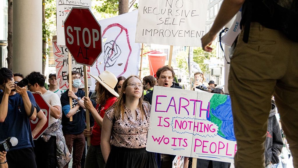 Demonstrators Protests Outside AI Company Offices In San Francisco
Demonstrators rally during a protest against artificial intelligence (AI) outside Anthropic headquarters in San Francisco, California, US, on Saturday, July 11, 2026. Younger Americans are much less excited about artificial intelligence than they were a year ago, according to data from Gallup, which surveyed 1,500 Americans ages 14 to 29 in late February and early March. Photographer: Jason Henry/Bloomberg via Getty Images
Bloomberg
u.s., demonstration, north american, demonstrations, united states of america, business news, protestors, tech, rally, information technology, american, u.s.a., us, industries, protests, americas
