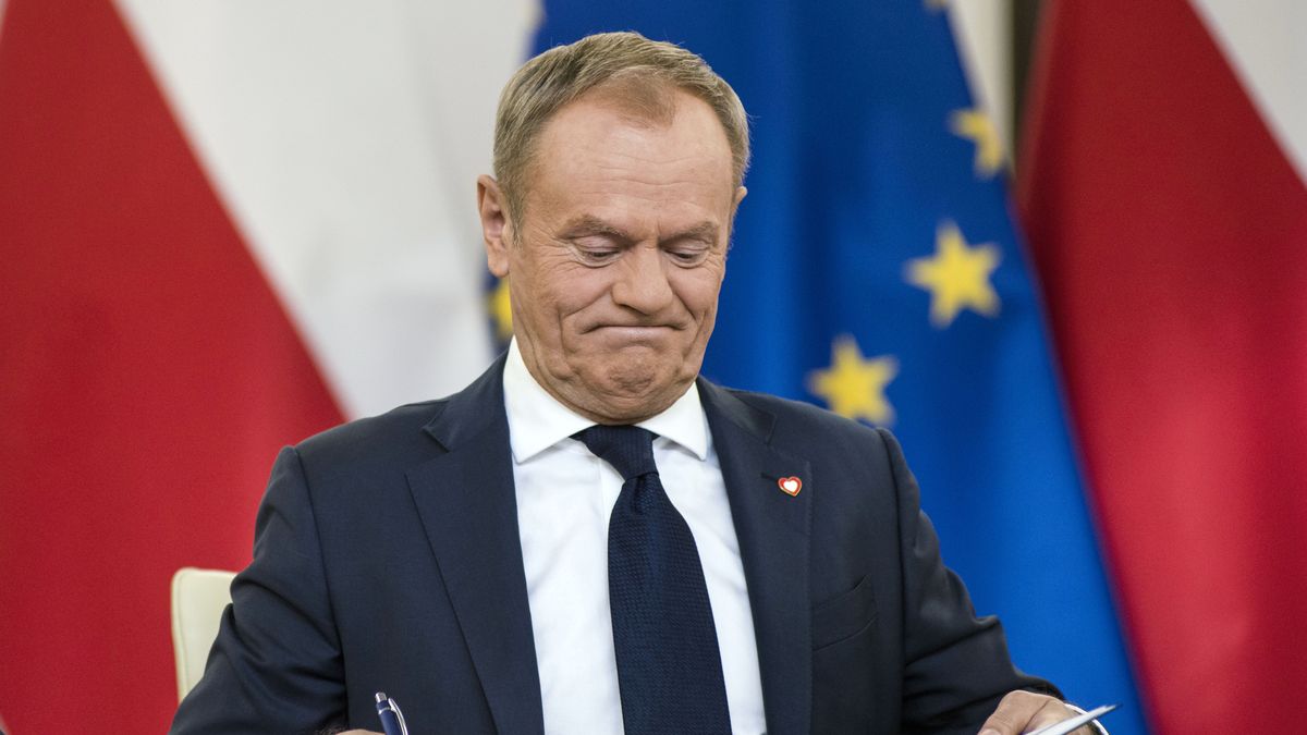 WARSAW, POLAND - 2023/11/10: Donald Tusk, leader of the Civic Coalition, signs the coalition agreement in the Parliament. The leaders of Polish opposition parties have signed a coalition agreement that lays out a road map for governing the nation over the next four years. The parties collectively won a majority of votes in last month's parliamentary election. Their candidate to be the next prime minister is Donald Tusk, a former prime minister who leads the largest of the opposition parties, the centrist Civic Platform. Tusk said the parties worked to seal their agreement a day before the Independence Day holiday, adding that, "We wanted to show that we are ready to take responsibility for our homeland." He said the agreement would offer a set of "signposts and recommendations" for the government he plans to lead. (Photo by Attila Husejnow/SOPA Images/LightRocket via Getty Images)