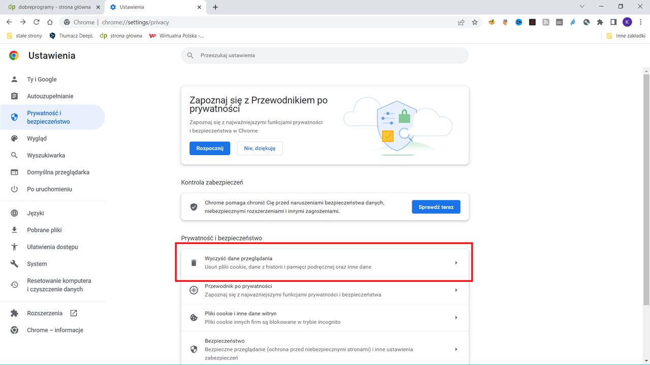Google Chrome: sekcja Wyczyść dane przeglądania
