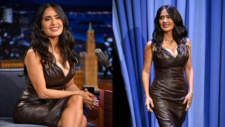 Ponętna Salma Hayek w kreacji z GŁĘBOKIM dekoltem błyszczy w show Jimmy'ego Fallona