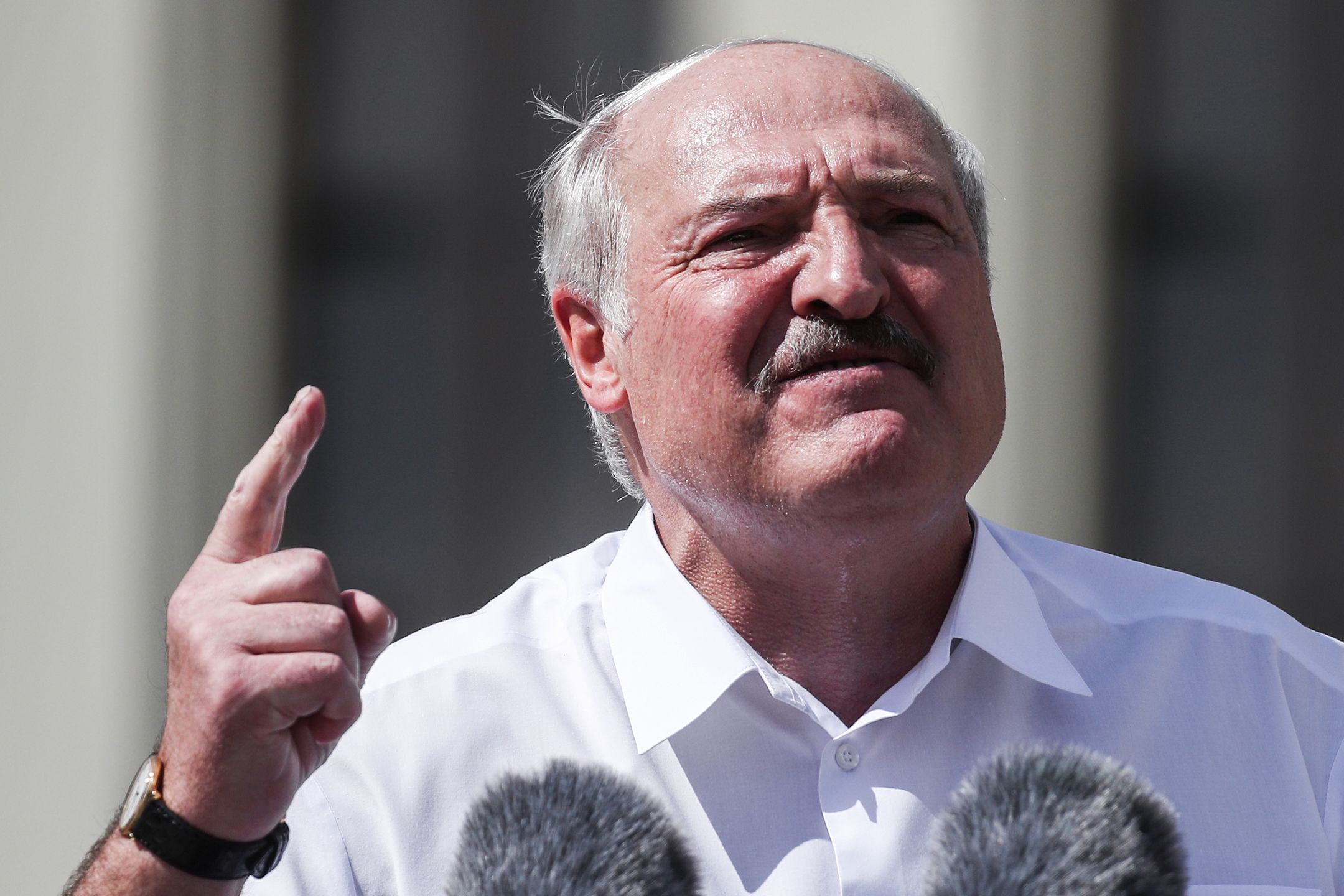 MINSK, BELARUS - AUGUST 16, 2020: Belarus' President Alexander Lukashenko gestures as he gives a speech during a rally of his supporters in Independence Square. Following the announcement of the election results on 9 August, mass protests have been held in Minsk and other cities across Belarus. Valery Sharifulin/TASS (Photo by Valery Sharifulin\TASS via Getty Images)