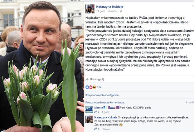 Właścicielka restauracji do Andrzeja Dudy: "Mam nadzieję, że jedzenie z mojego koryta smakowało!"
