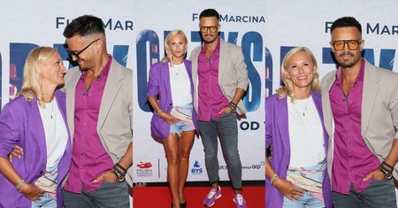 Sylwia Juszczak w dżinsowych spodenkach pozuje u boku Mikołaja Krawczyka na ściance. Fajny "look" na uroczystą premierę? (ZDJĘCIA)