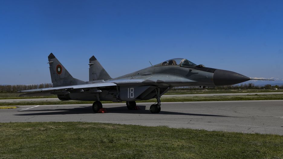 MiG-29 fighter jet at Graf Ignatievo Air Force Base near Plovdiv, Bulgaria on 14 April, 2022.
Four Lockheed Martin F-35 Lightning II jets were relocated by  Netherlands Air Force to the Republic of Bulgaria for the forthcoming implementation of a mission for enhanced joint protection of Bulgarian airspace. (Photo by Georgi Paleykov/NurPhoto via Getty Images)