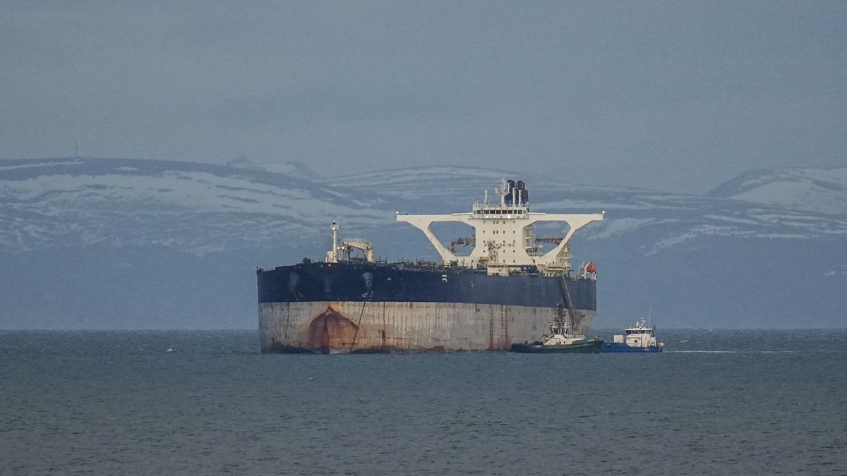BURGHEAD, SCOTLAND - JANUARY 14: The Marinera oil tanker is seen on January 14, 2026 in Burghead, Scotland. The Marinera oil tanker, previously known as the Bella 1, has entered UK waters at the request of the US to be replenished with "essential supplies." The Russian-flagged tanker was seized by US forces on 7 January 2026, between Iceland and Scotland, for allegedly violating sanctions by transporting oil for Venezuela, Russia, and Iran. (Photo by Peter Summers/Getty Images)