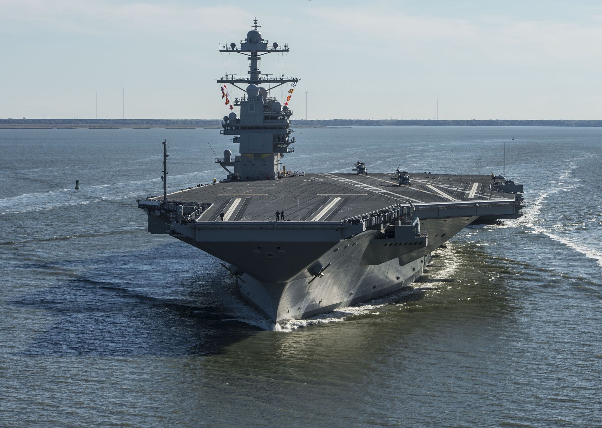 USS Gerald R. Ford Begins Builder's Sea TrialsNEWPORT NEWS, VA - APRIL 8:  In this handout photo provided by the U.S. Navy, the future USS Gerald R. Ford (CVN 78) is seen underway on its own power for the first time on April 8, 2017 in Newport News, Virginia. The first-of-class ship -- the first new U.S. aircraft carrier design in 40 years -- will spend several days conducting builder's sea trials, a comprehensive test of many of the ship's key systems and technologies. (Photo by Mass Communication Specialist 2nd Class Ridge Leoni/U.S. Navy via Getty Images)U.S. Navyaircraft carrier, cvn 78, ford, ford-class, gerald r. ford, ship, warship
