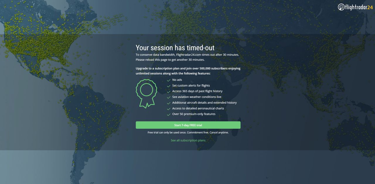Korzystający z darmowej wersji Flightradar24 i tak muszą się liczyć z automatycznym zakończeniem sesji po 30 minutach