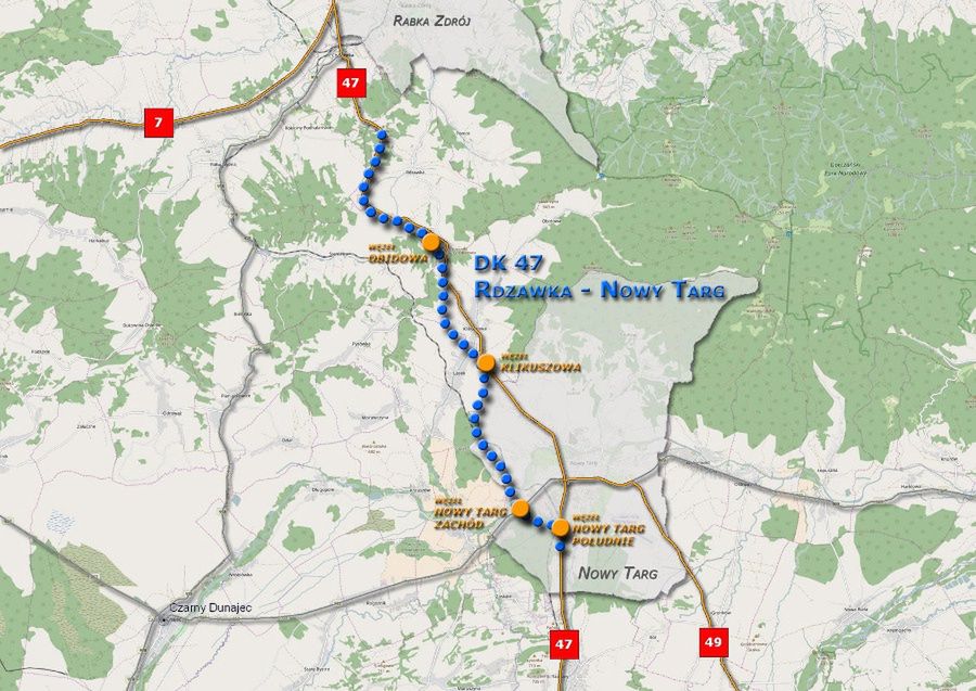 Odcinek nowej zakopianki na mapce