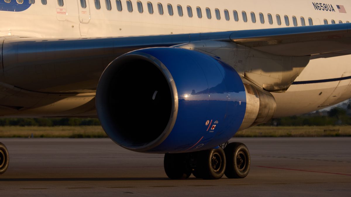 A close-up view of the jet engine of a United Airlines Boeing 767-300ER aircraft (registration N658UA) parked on the apron at Bari Karol Wojtyla Airport at dawn in Bari, Italy, on May 5, 2026. (Photo by Matteo Della Torre/NurPhoto via Getty Images)