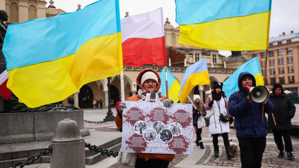 Boycott Russian Sport Banners
A woman holds a banner calling to ban Russian and Belarusian athletes from the Paris 2024 Summer Olympics while attending a demonstration of solidarity with Ukraine at the Main Square on day 404th of Russian invasion on Ukraine. Krakow, Poland on April 3rd, 2023. Nearly one year since the Russian attack, there is no end is in sight to the war in Ukraine.  (Photo by Beata Zawrzel/NurPhoto via Getty Images)
NurPhoto
polish, european, ukrainian, russian, invasion, political, rally, demonstration, manifestation, banner, solidarity, olympic, olympics, games, paris, sports, rings, ban, bloody, terror, belarusian, paris 2024 summer olympics, russian attack, war in ukraine