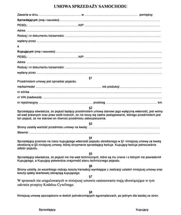 Umowa sprzedaży samochodu
