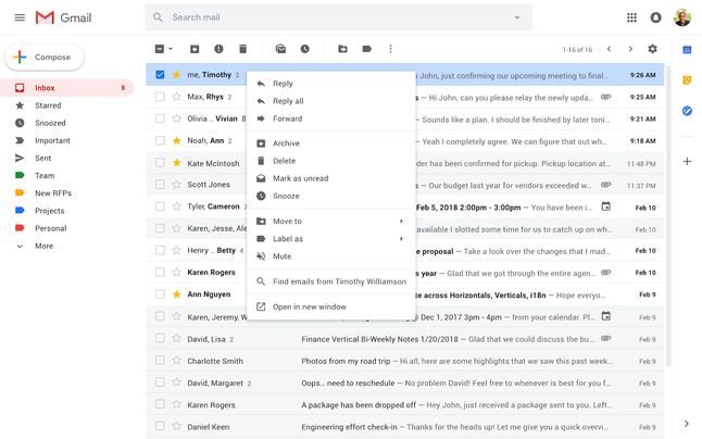 Nowe menu kontekstowe w Gmailu, źródło: Google.