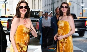 Anne Hathaway odsłania CIĄŻOWE KRĄGŁOŚCI w kolejnej strojnej stylizacji. Tym razem postawiła na złoto (ZDJĘCIA)