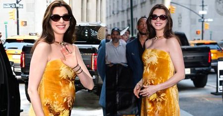 Anne Hathaway odsłania CIĄŻOWE KRĄGŁOŚCI w kolejnej strojnej stylizacji. Tym razem postawiła na złoto (ZDJĘCIA)