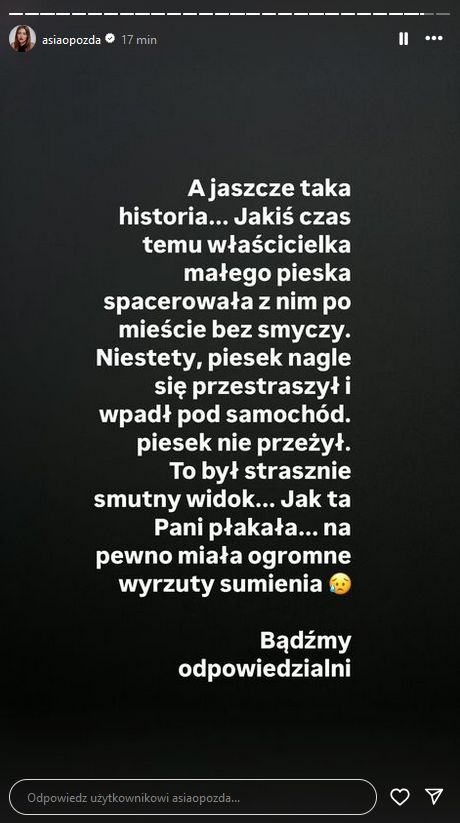 Joanna Opozda apeluje do właścicieli psów