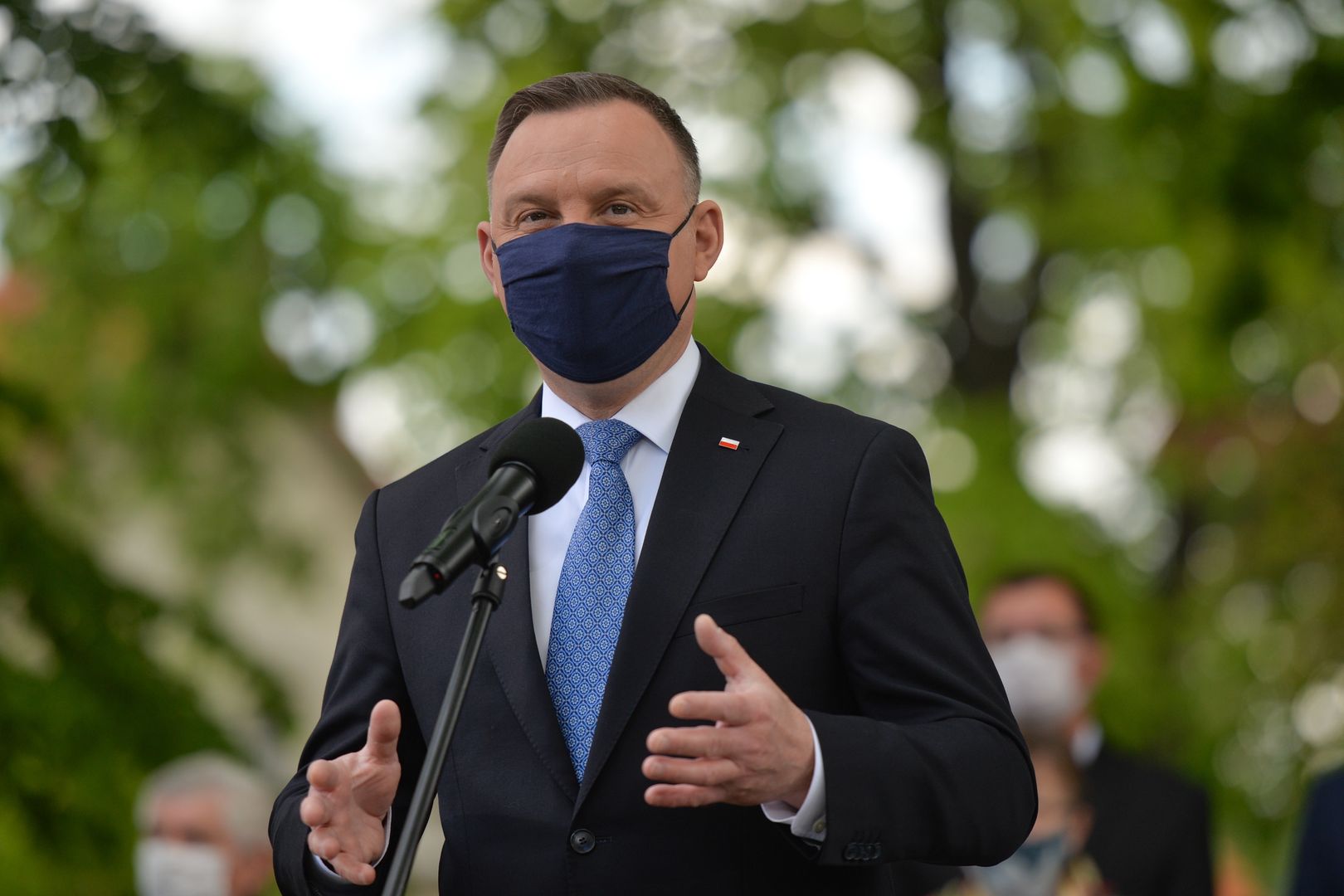 Polish President Andrzej Duda addresses the media during his visit to Alwernia.On  May 27, 2020, in Alwernia, County Chrzanow, Lesser Poland Voivodeship, Poland. (Photo by Artur Widak/NurPhoto via Getty Images)