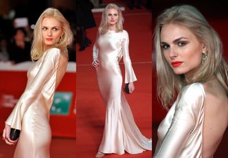 Elegancka Andreja Pejic w białej sukni zachwyca na czerwonym dywanie