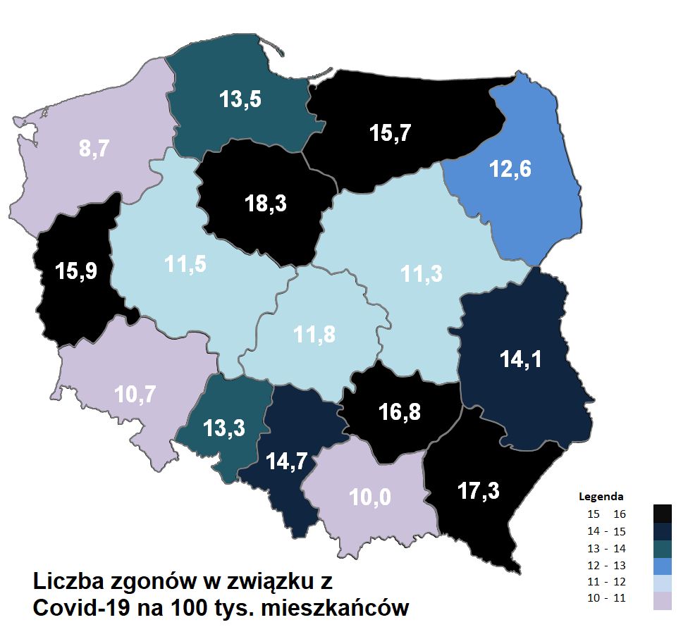 Koronawirus. Liczba zgonów związanych z COVID-19 na 100 tys. mieszkańców. Dane w okresie 18-31 marca.