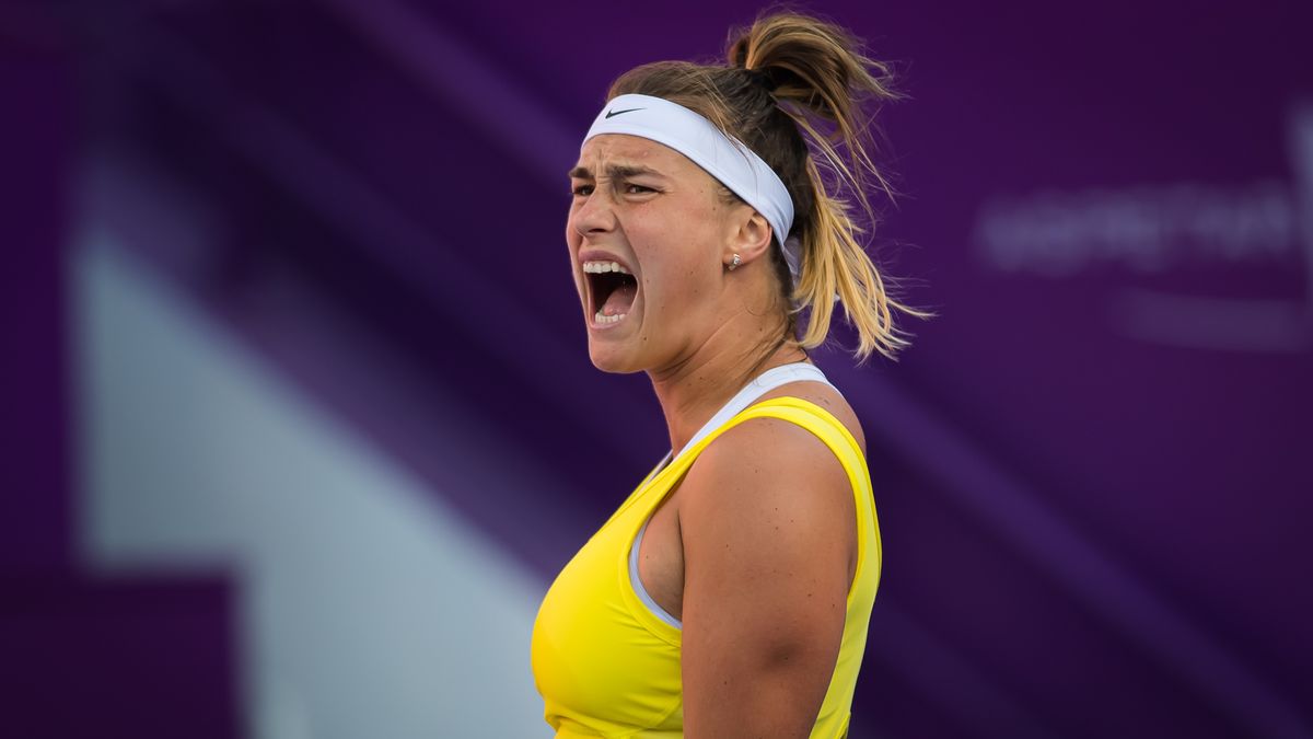 DOHA, QATAR - FEBRUARY 27: Aryna Sabalenka of Belarus in action against Saisai Zheng of China in the quarter-final of the 2020 Qatar Total Open at the Khalifa International Tennis and Squash Complex on February 27, 2020 in Doha, Qatar (Photo by Robert Prange/Getty Images)