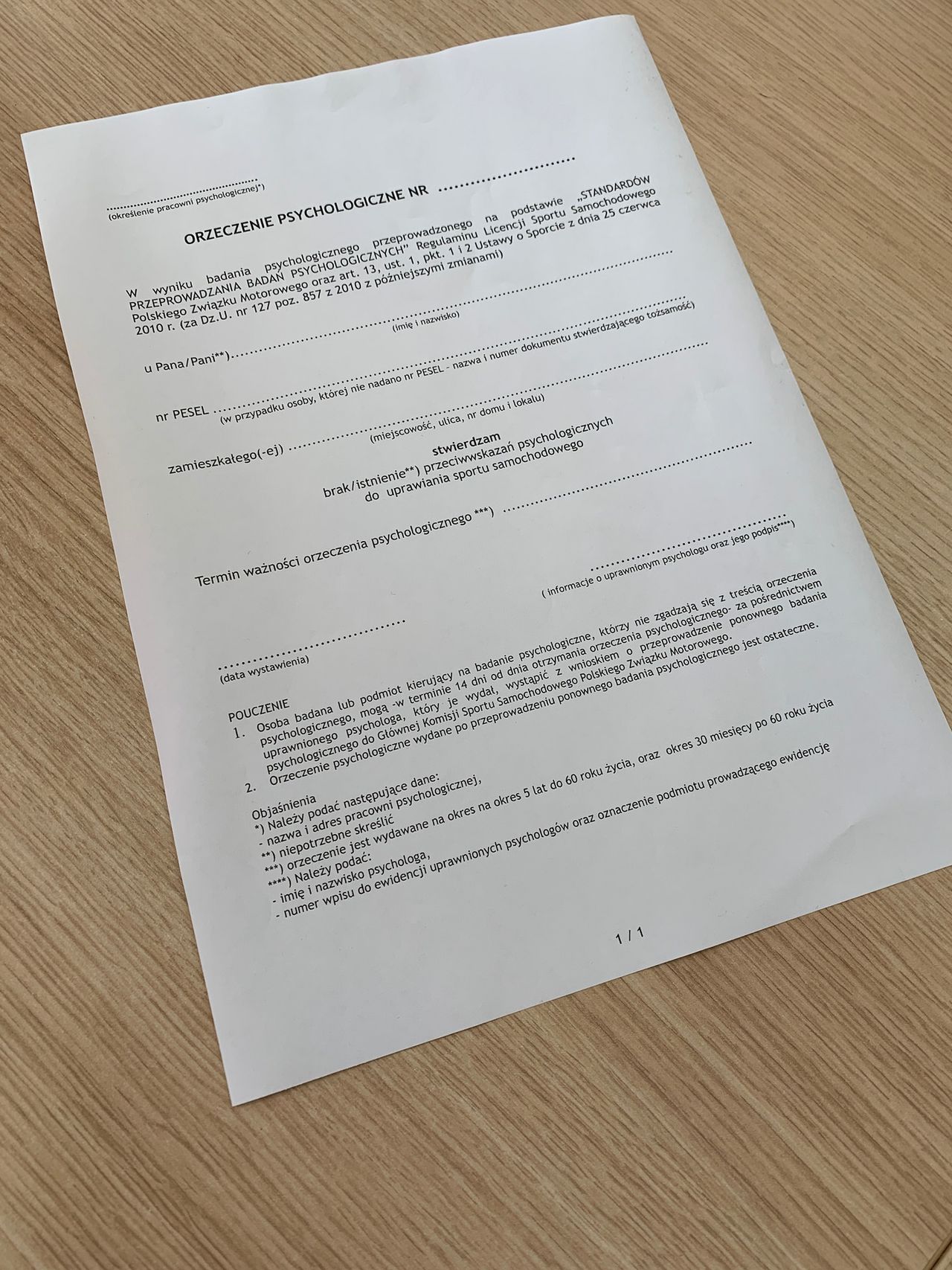 Wzór orzeczenia psychologicznego (fot. Mateusz Żuchowski)