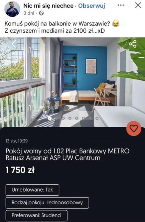 Wynajem pokoju na balkonie