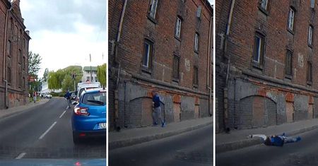 Pijany biegł z piwem i uderzył w ścianę budynku. Szybka interwencja policji (wideo)