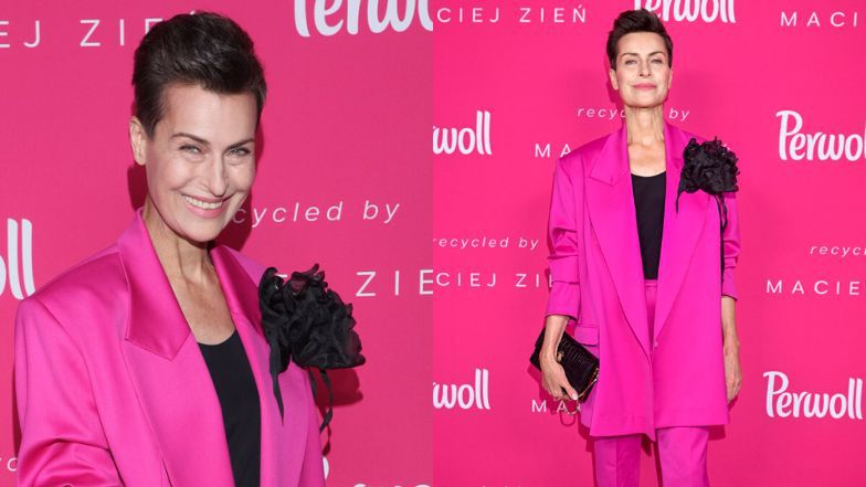 Danuta Stenka w różowym oversizowym garniturze