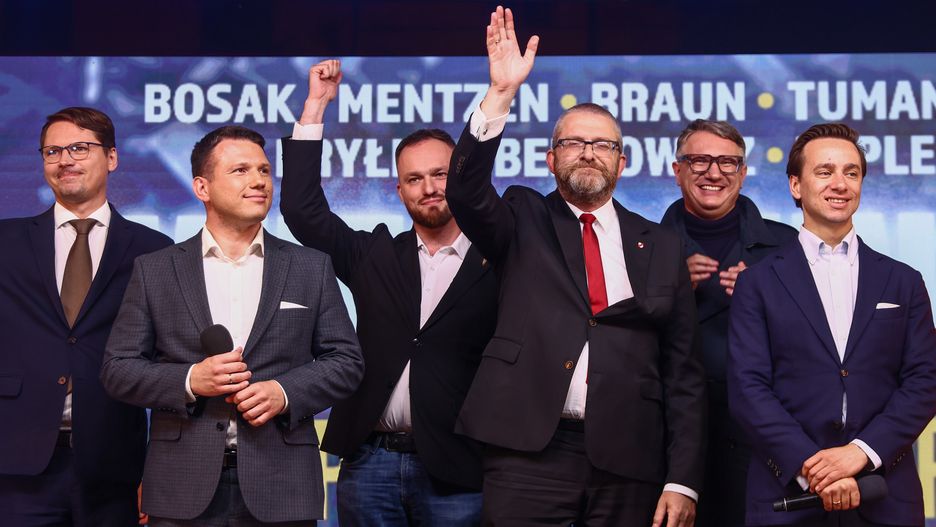Leaders of the Confederation Liberty and Independence party (Konfederacja), Slawomir Mentzen, Grzegorz Braun, Krzysztof Bosak and other members, are seen during the final election rally in Krakow, Poland on October 13, 2023. This year's parliamentary elections will be held in Poland on October 15th.  (Photo by Beata Zawrzel/NurPhoto via Getty Images)